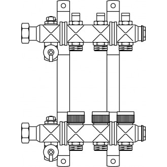 Nemesacél osztó-gyűjtő, 1" padlófűtésre, 12 körös, előremenőbe beépített szabályozóbetétekkel